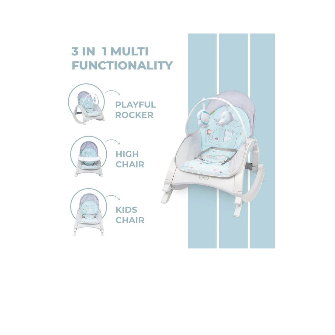 R For Rabbit 3 in 1 Rock N Play Rocker - Adjustable Backrest Recline, Detachable Toy Bar, Soothing Music & Vibration, Adjustable Green Grey
