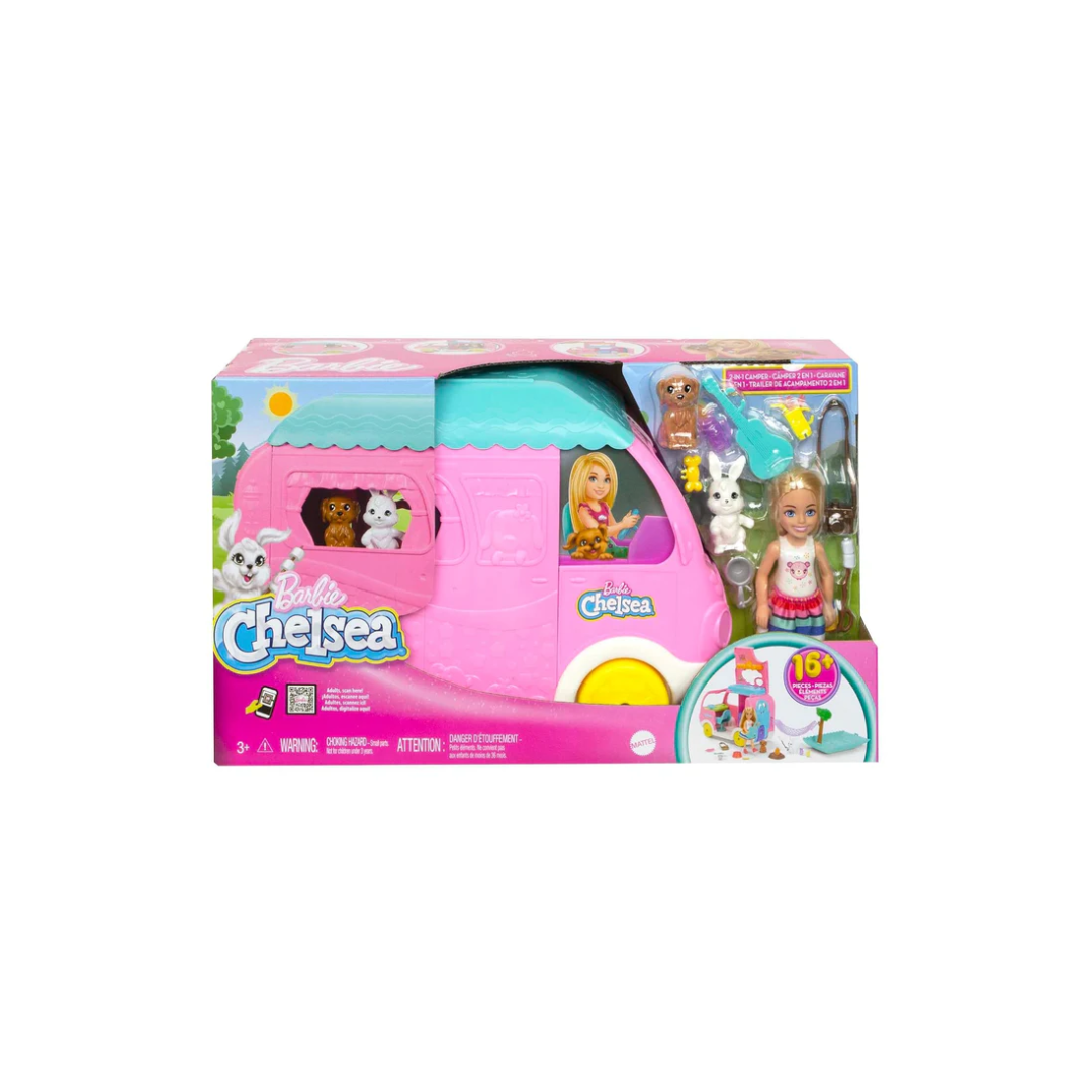 Mattel Barbie Chelsea 2-in-1 Camper Playset With Chelsea Small Doll, 2 Pets and Accessories