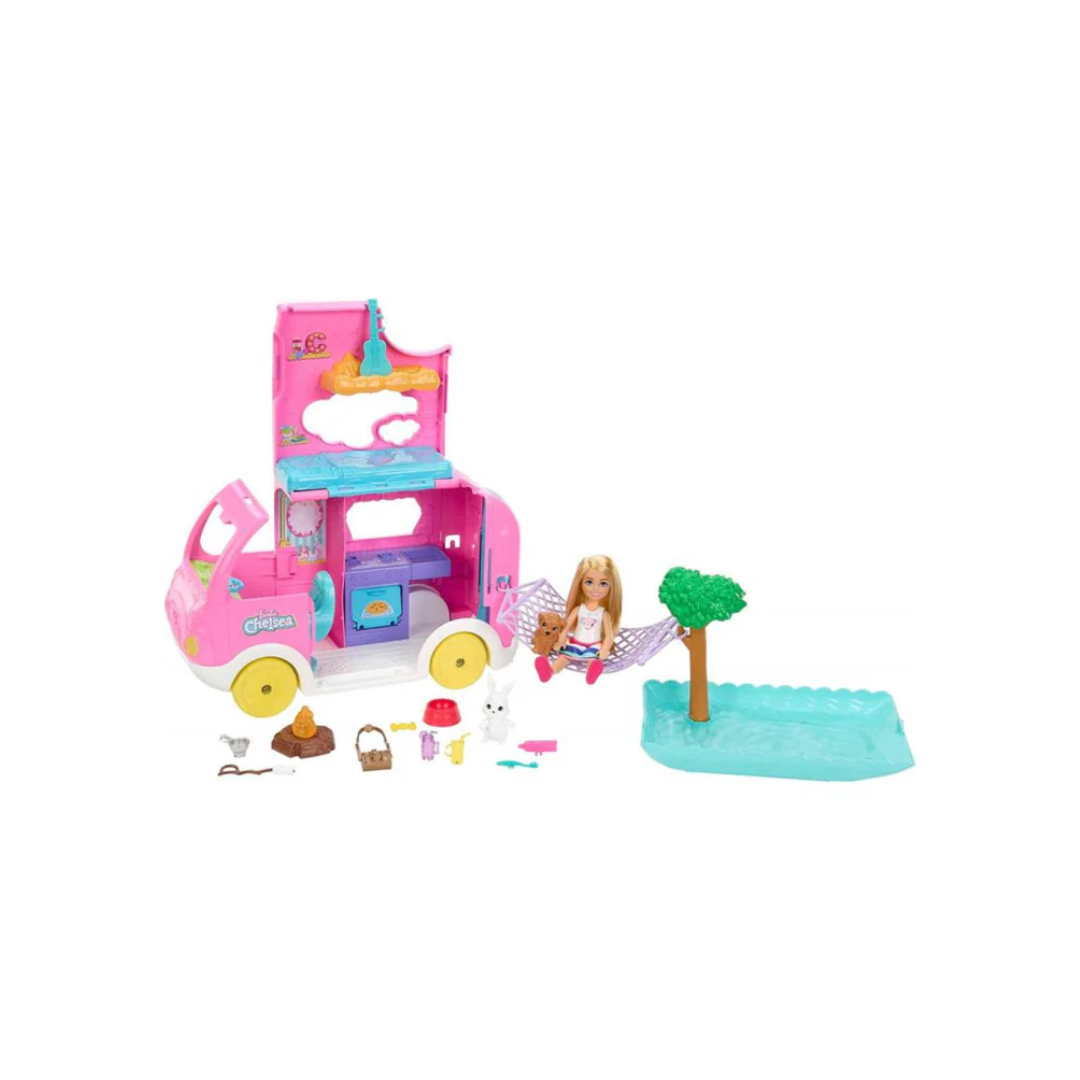 Mattel Barbie Chelsea 2-in-1 Camper Playset With Chelsea Small Doll, 2 Pets and Accessories