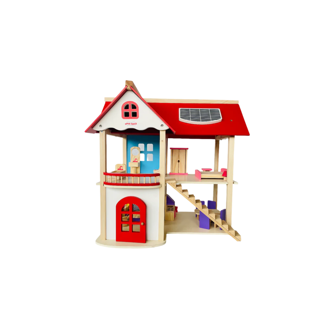 Open Ended Wooden Dollhouse Redwood Cottage (19 pcs furniture + 2 doll figures included)