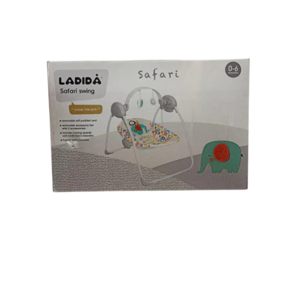 Ladida Baby Swing-6 Classic Melodies-5 Swing Speed Modes-5 Point Harness-Removable & Adjustable Toy Bar-3 Months Warranty-Upto 9 Kg-Safari