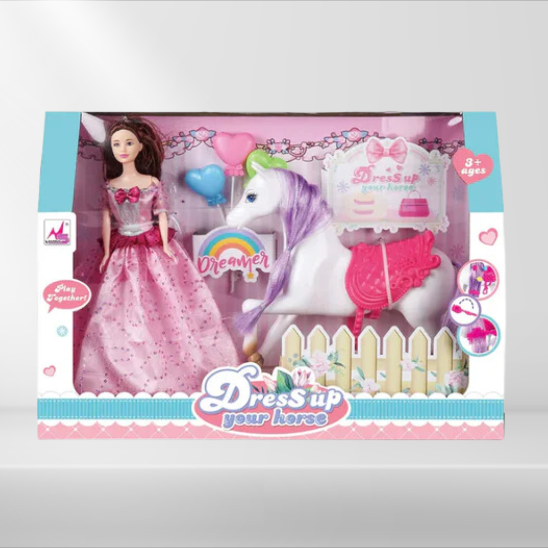 Rainbow Toys Cartoon pink makeup game set doll girl toy with horse model
