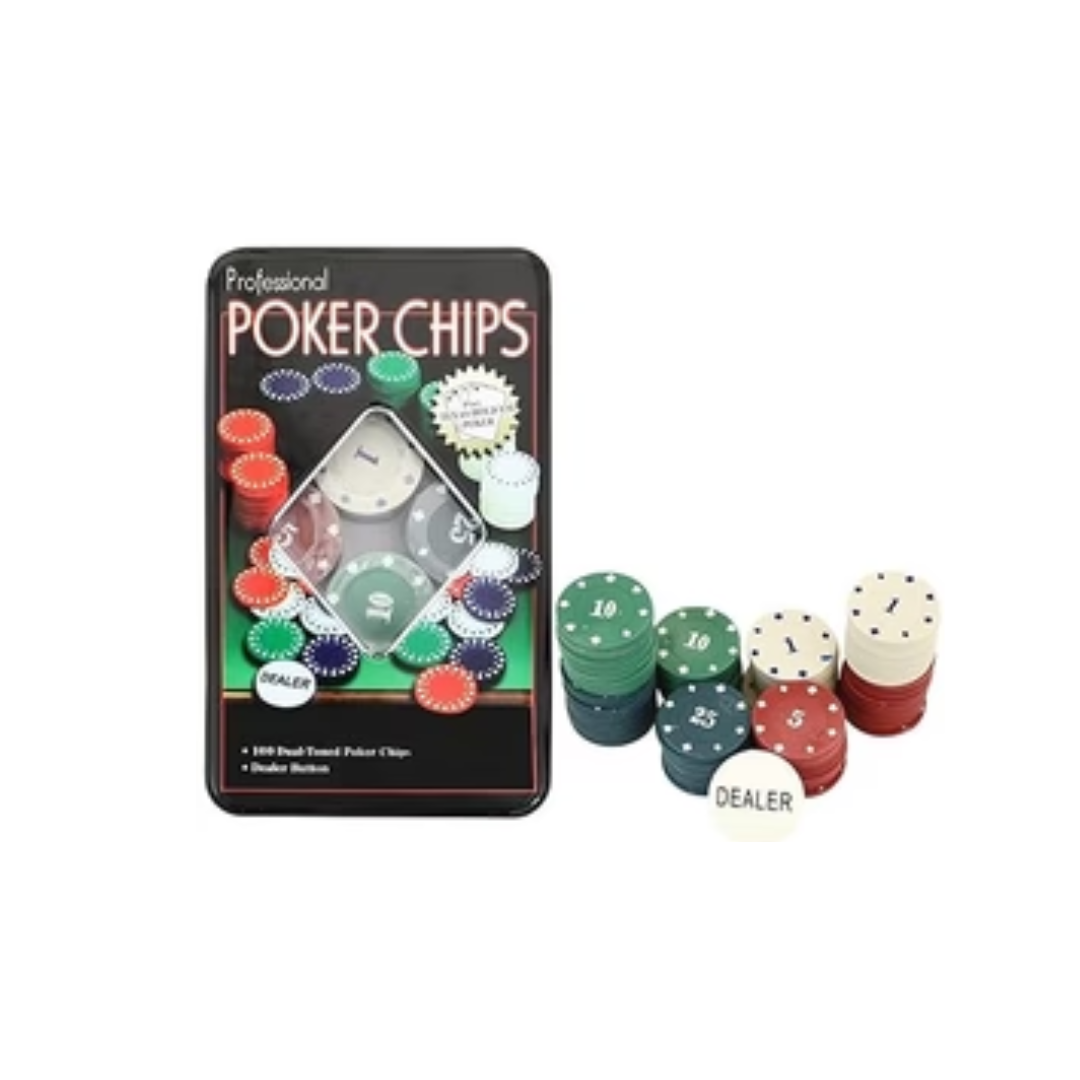 Rainbow Toys Casino Style 100 Pcs Poker Chips Set in a Tin Case with 1 Dealer Button