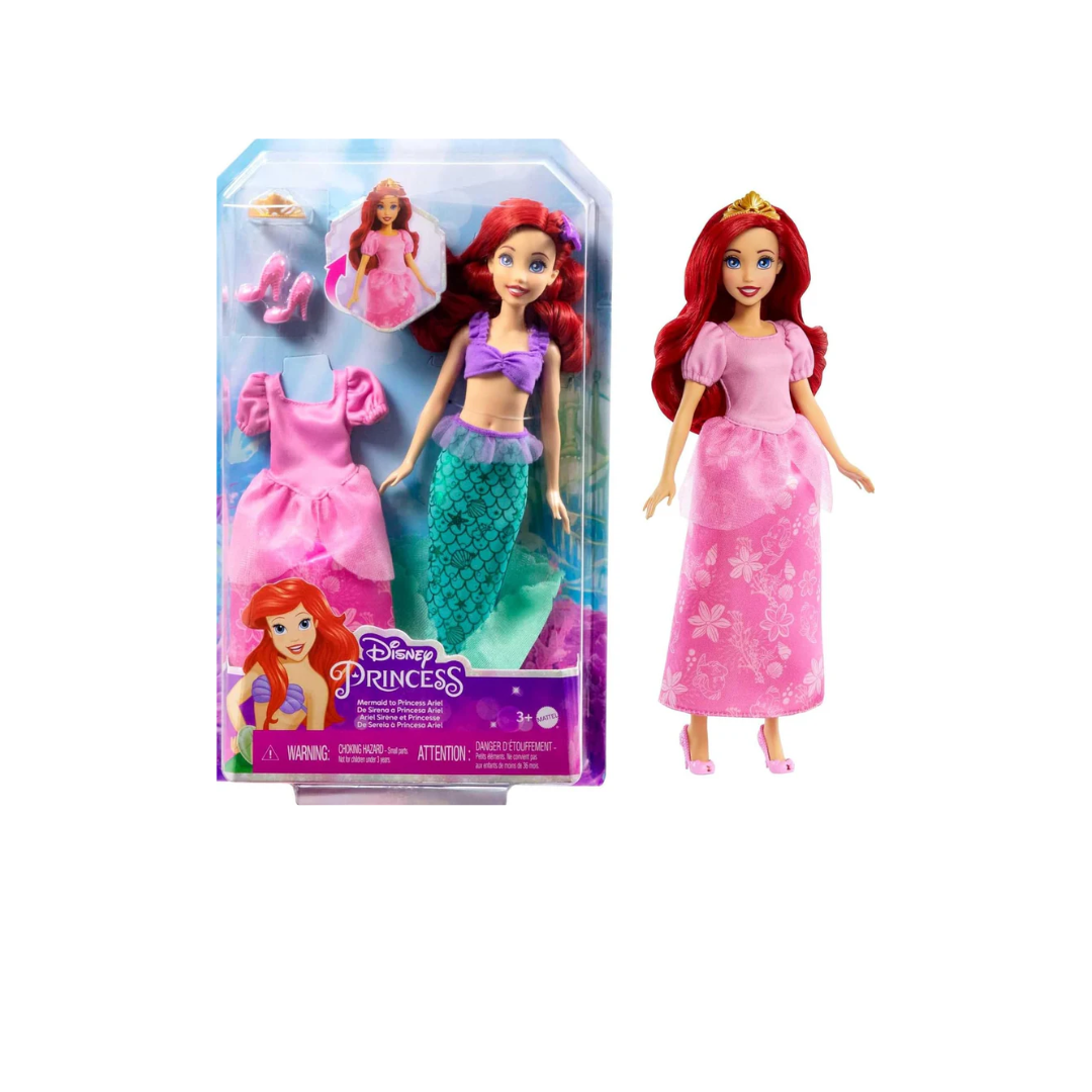 Mattel Disney Princess Toys, Ariel 2-in-1 Mermaid to Princess Doll with 2 Fashions and Accessories,
