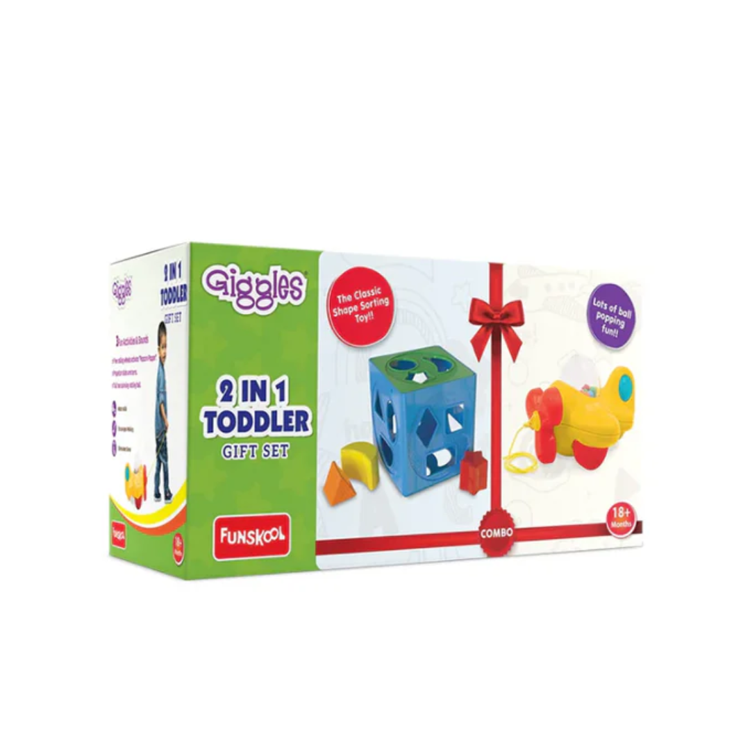 Funskool Giggles 2In1 Toddle Shape Sorting Cube And Aeroplane Pull Along Toy
