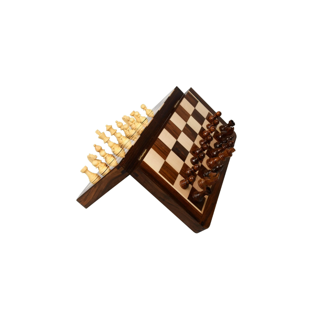 chess bazar Travel Series Folding Magnetic Lacquer Chess Set in Sheesham & Maple - 14"