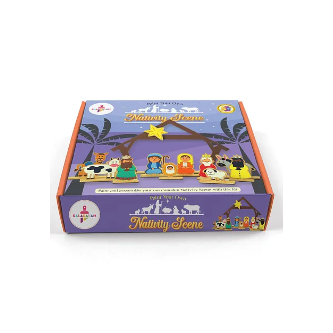 Kalakaram Wooden Nativity Scene Painting Jesus Christ Birth Scene & Assemble Wooden Nativity Painting Set - Multicolour