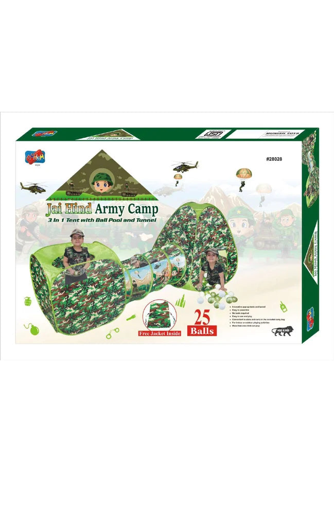 Balak Army Camp Jai Hind 3 in 1 Tunnel With Ball Pool And Tent With 25 Balls And Military Jacket
