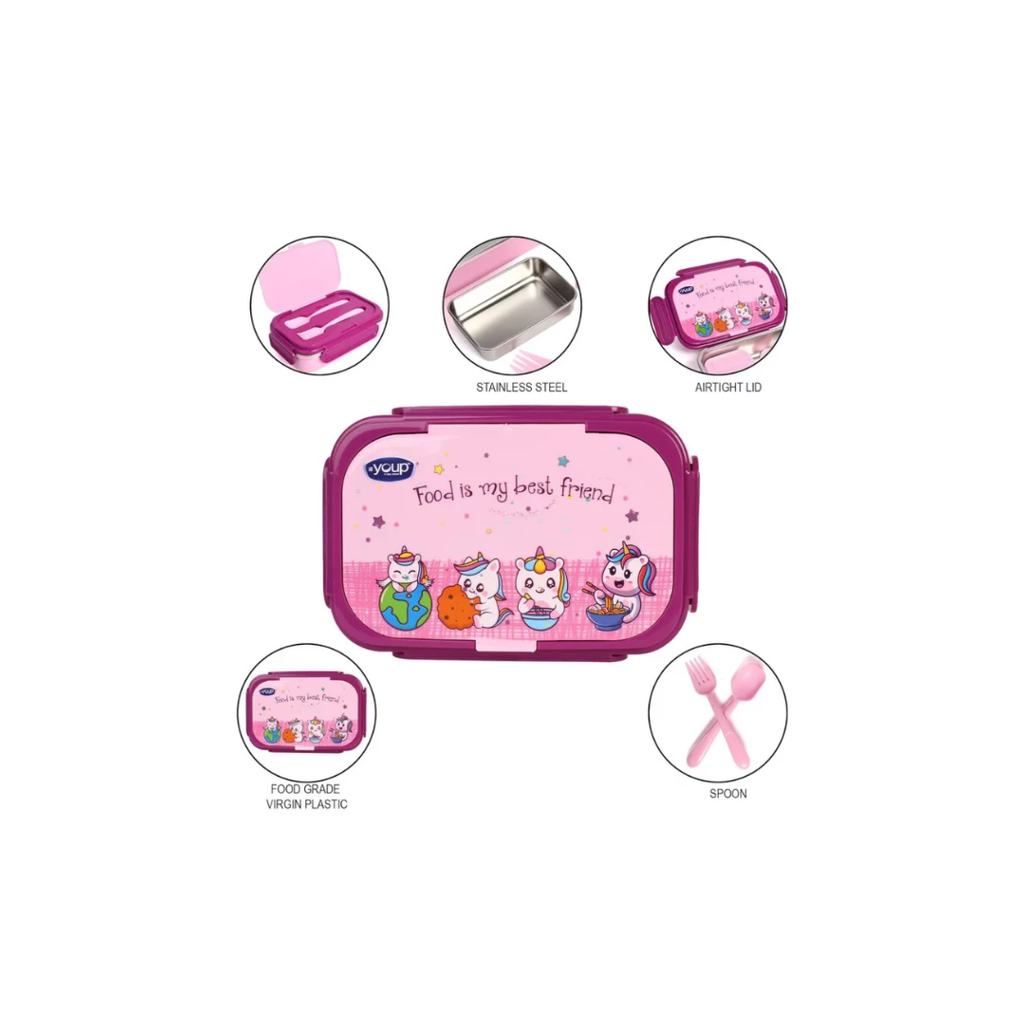 YOUP Stainless Steel Insulated Unicorn Theme Lunch Box With Fork and Spoon For Kids Assorted Color
