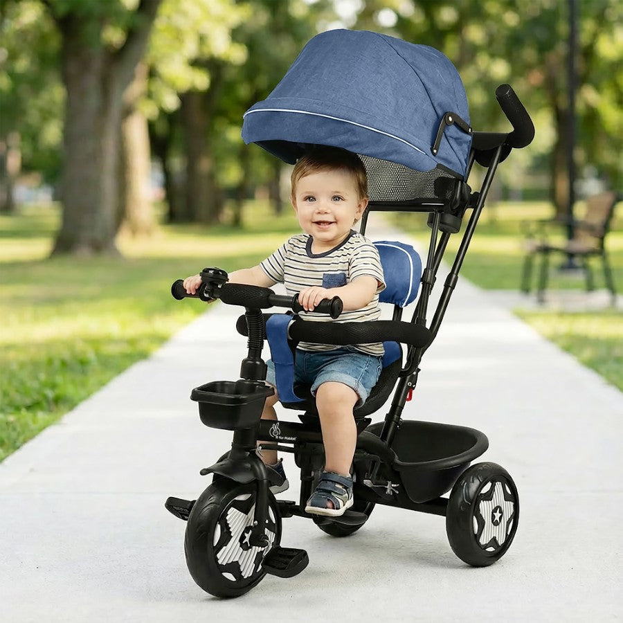 R For Rabbit Tiny Toes R40 Ace 360° Rotatable Seat Baby Tricycle with Parent Control Handle, Adjustable Canopy & EVA Wheels Denim Blue