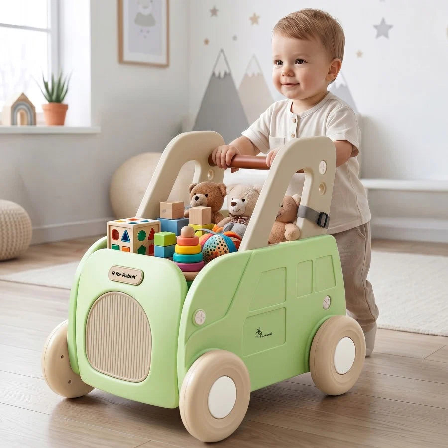 R For Rabbit Kiddie Kart 4 in 1 Kids Toy Storage Cart, Sit & Ride, Push Walker & Pull Along Green Beige