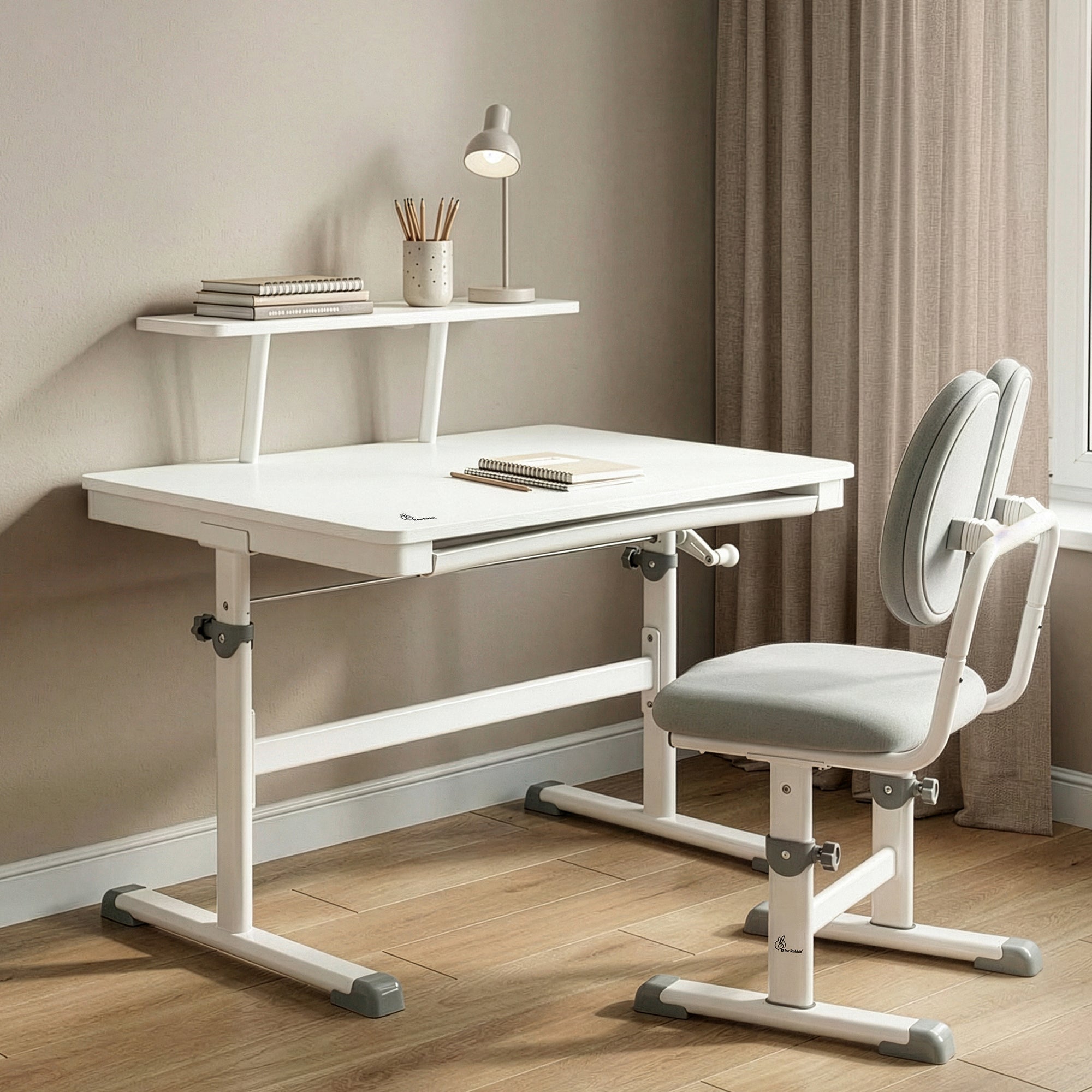 R for Rabbit Kiddie Grow Edge Kids Study Table & Chair Set 3-15 Years, Adjustable Height, Storage Drawer & Bookshelf