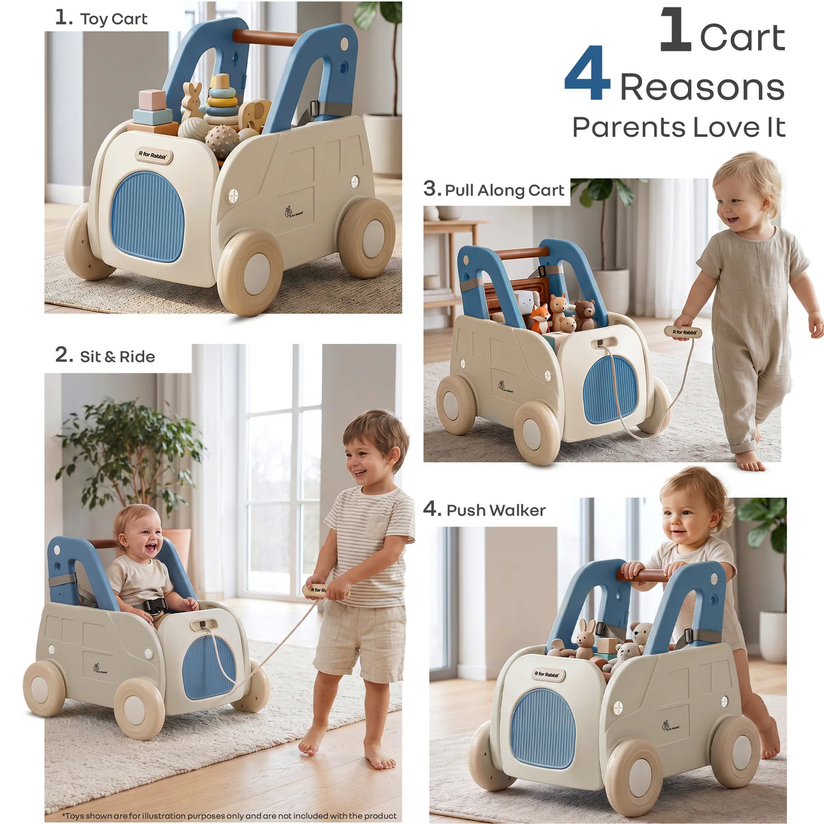 R for Rabbit Kiddie Kart 4-in-1 Kids Toy Storage Cart, Sit & Ride, Push Walker & Pull Along with Adjustable Handlebar – Grey Blue