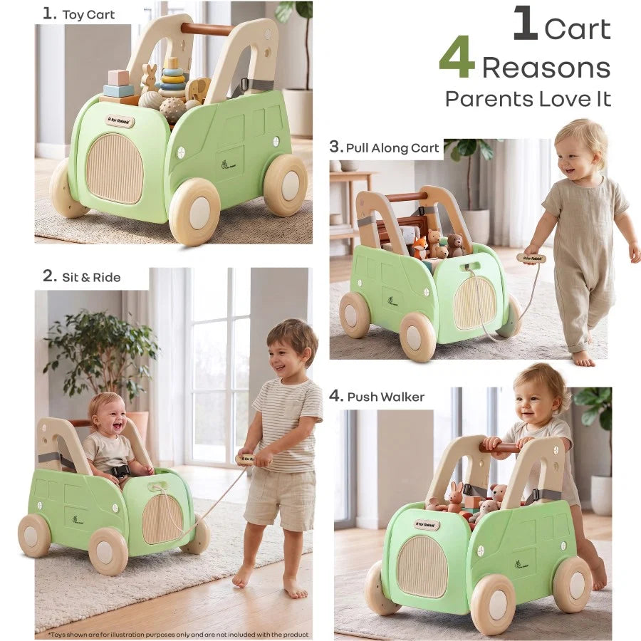 R For Rabbit Kiddie Kart 4 in 1 Kids Toy Storage Cart, Sit & Ride, Push Walker & Pull Along Green Beige