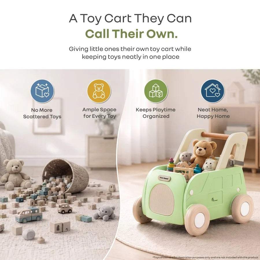 R For Rabbit Kiddie Kart 4 in 1 Kids Toy Storage Cart, Sit & Ride, Push Walker & Pull Along Green Beige