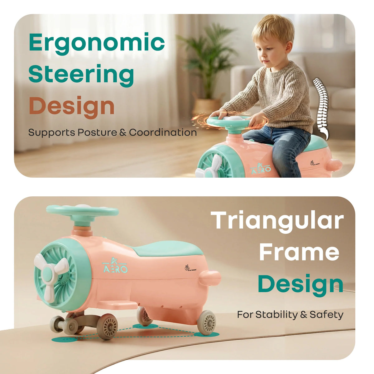 R for Rabbit Iya Iya Aero Ace 2-in-1 Swing Car Ride-On for Kids with Toy Storage, ABEC 7 Bearing & Smooth Wheels – Peach Green