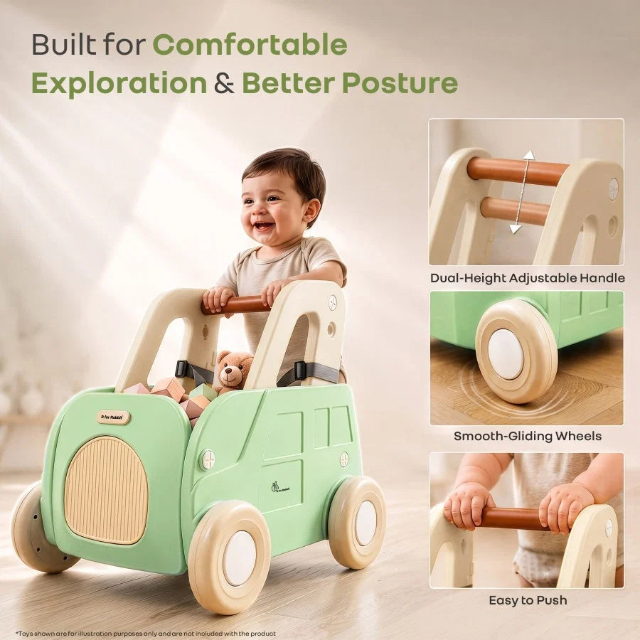 R For Rabbit Kiddie Kart 4 in 1 Kids Toy Storage Cart, Sit & Ride, Push Walker & Pull Along Green Beige