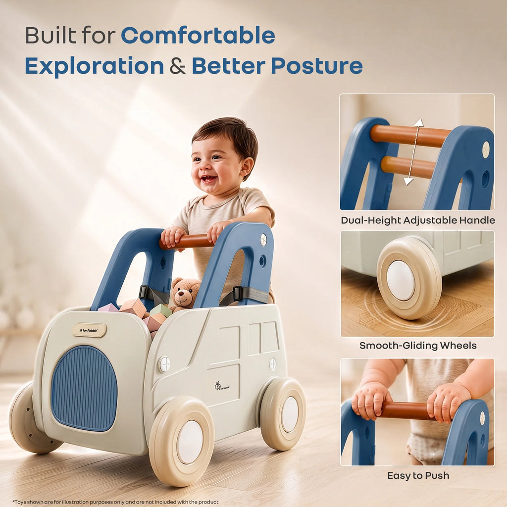 R for Rabbit Kiddie Kart 4-in-1 Kids Toy Storage Cart, Sit & Ride, Push Walker & Pull Along with Adjustable Handlebar – Grey Blue