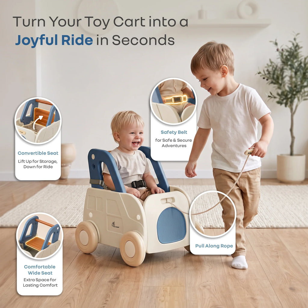 R for Rabbit Kiddie Kart 4-in-1 Kids Toy Storage Cart, Sit & Ride, Push Walker & Pull Along with Adjustable Handlebar – Grey Blue