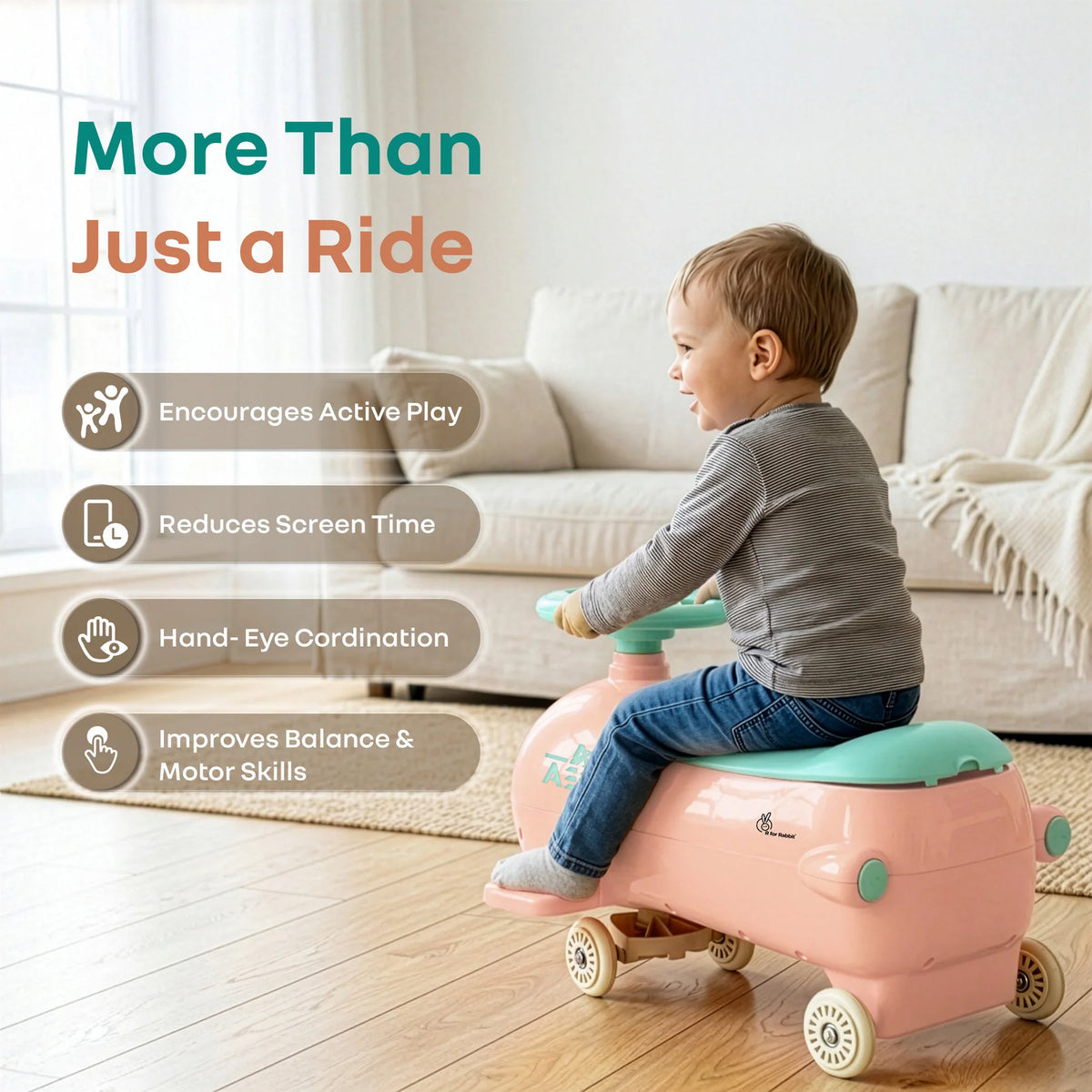 R for Rabbit Iya Iya Aero Ace 2-in-1 Swing Car Ride-On for Kids with Toy Storage, ABEC 7 Bearing & Smooth Wheels – Peach Green