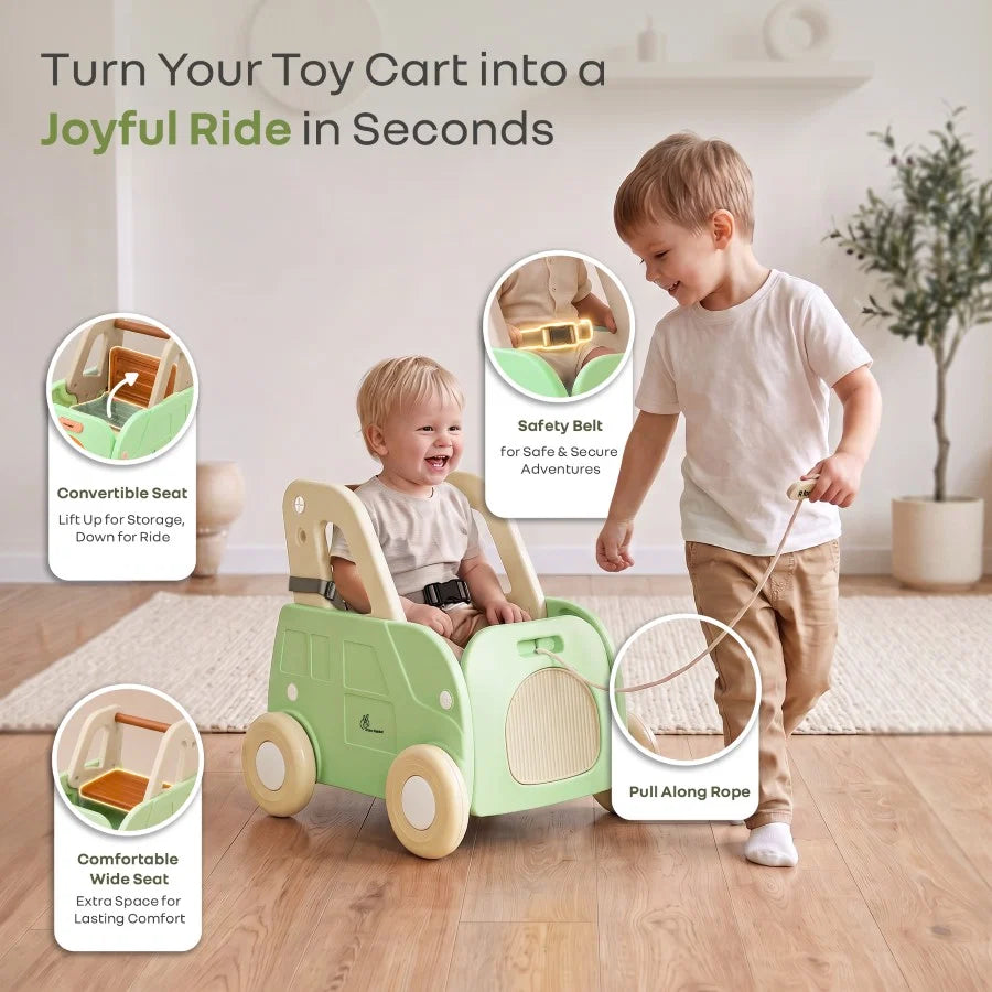 R For Rabbit Kiddie Kart 4 in 1 Kids Toy Storage Cart, Sit & Ride, Push Walker & Pull Along Green Beige