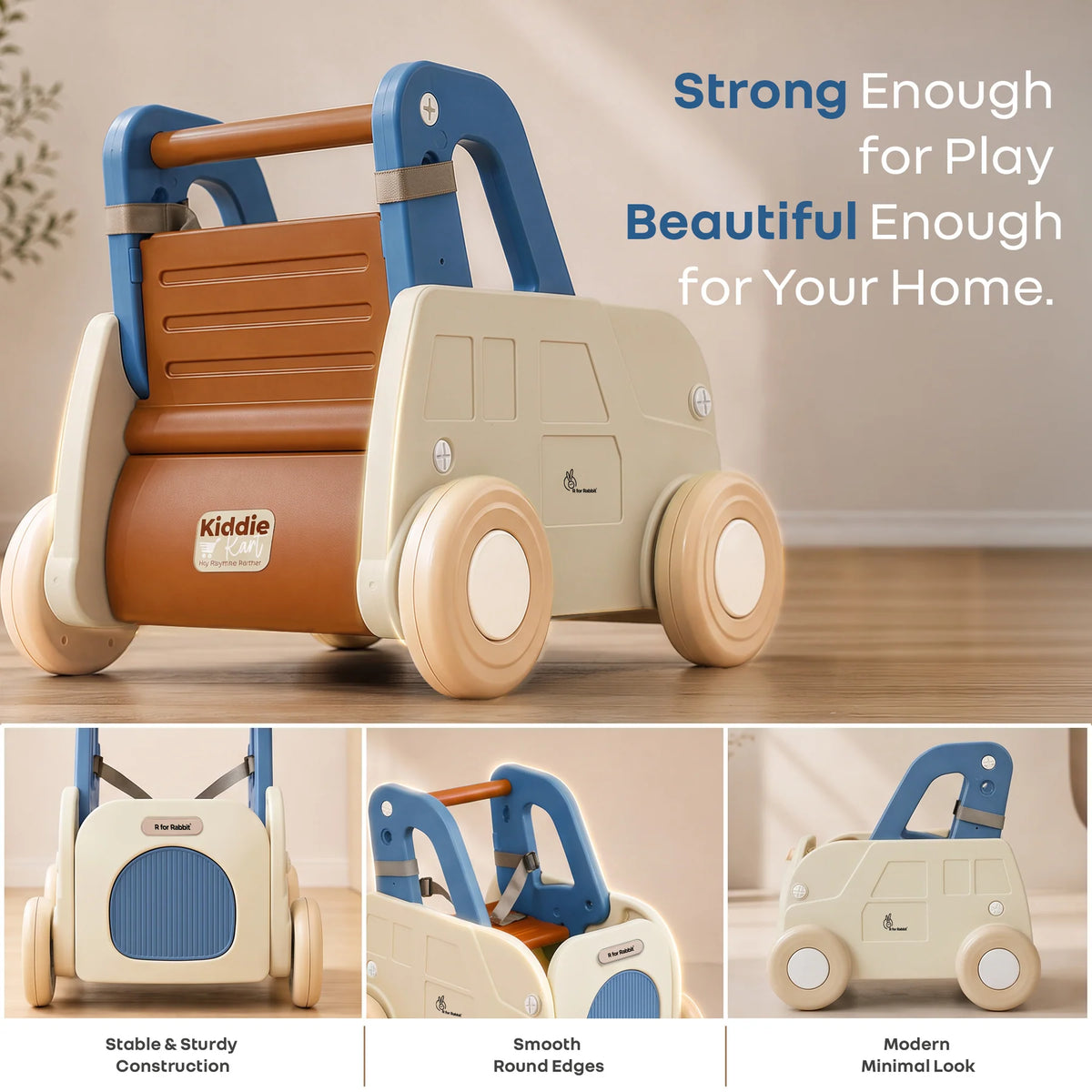 R for Rabbit Kiddie Kart 4-in-1 Kids Toy Storage Cart, Sit & Ride, Push Walker & Pull Along with Adjustable Handlebar – Grey Blue
