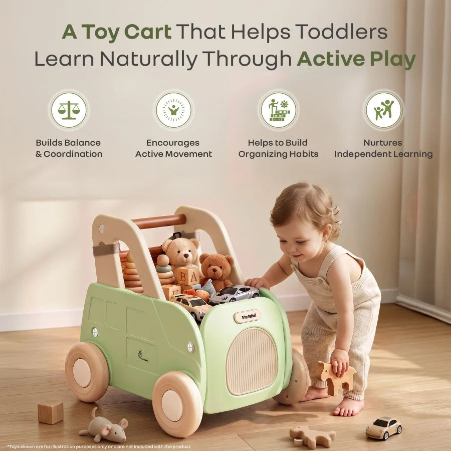 R For Rabbit Kiddie Kart 4 in 1 Kids Toy Storage Cart, Sit & Ride, Push Walker & Pull Along Green Beige