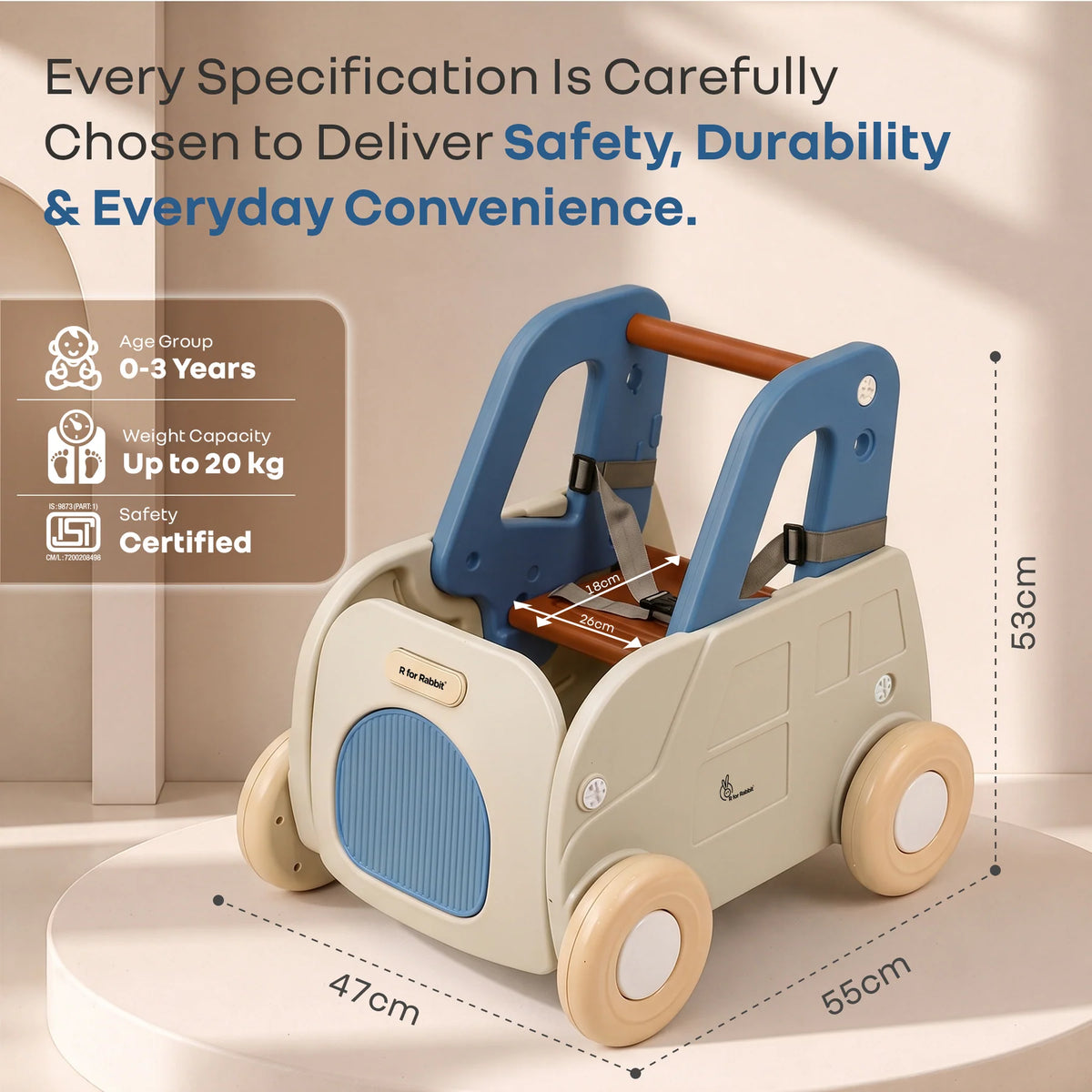 R for Rabbit Kiddie Kart 4-in-1 Kids Toy Storage Cart, Sit & Ride, Push Walker & Pull Along with Adjustable Handlebar – Grey Blue