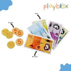 Playblox Funny Money Wooden Cash Register Playset – Interactive Cashier Toy with Wooden Coins, Pretend Currency Notes, Credit Card & Pull-Out Drawer for Toddlers