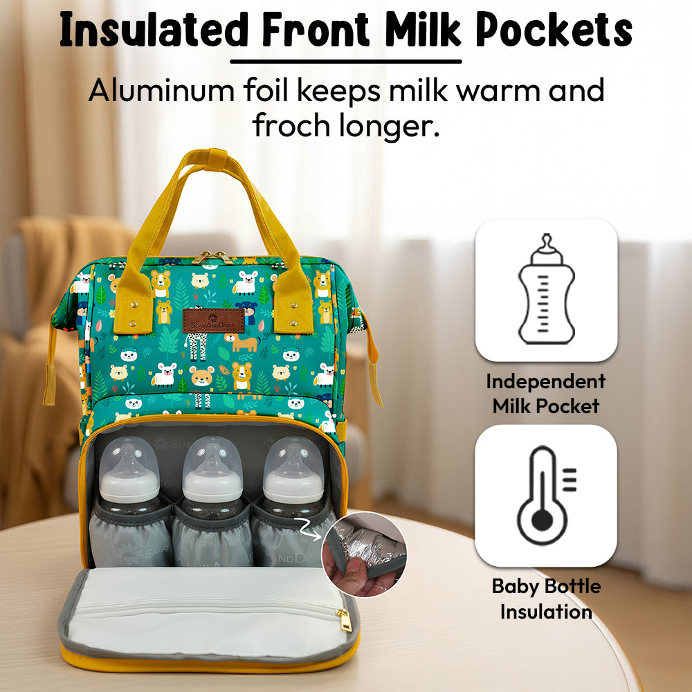 StarAndDaisy Nappy Nest Newborn Baby Diaper Backpack with 15 Pockets, 3 Insulated Bottle Pockets & Stroller Straps – Jungle Print