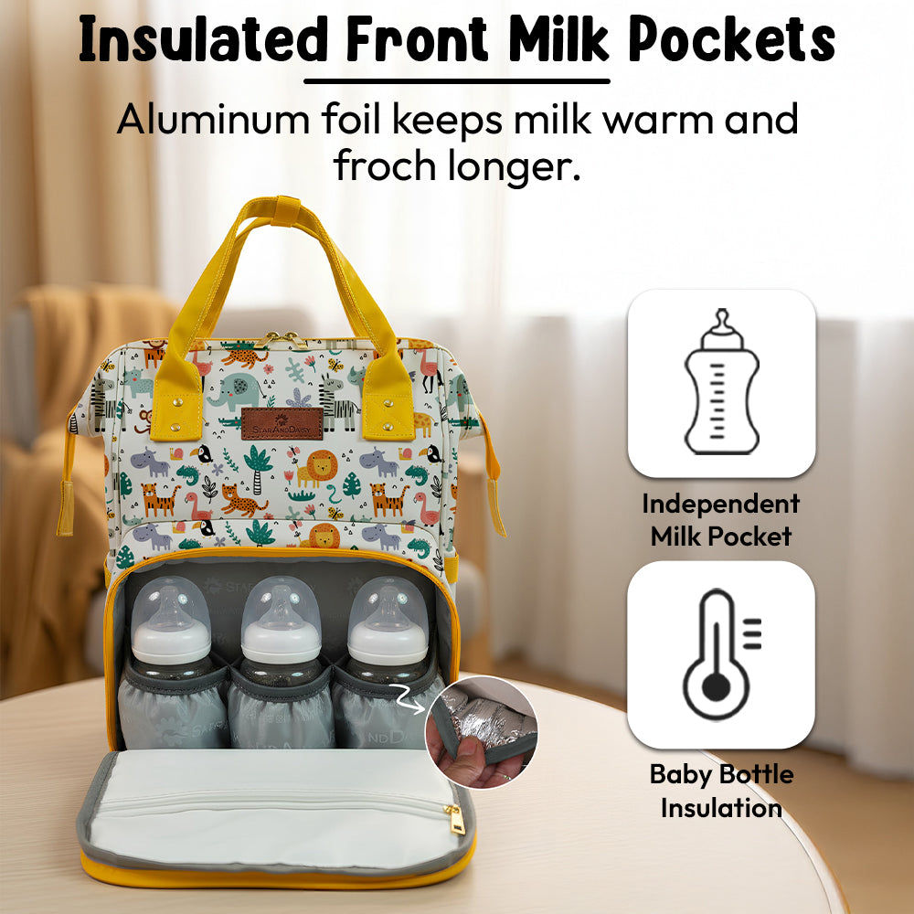StarAndDaisy Spacious Nappy Nest Diaper Backpack with 15 Pockets, 3 Insulated Bottle Pockets & Waterproof Wet-Clothes Pocket – Giraffe Print