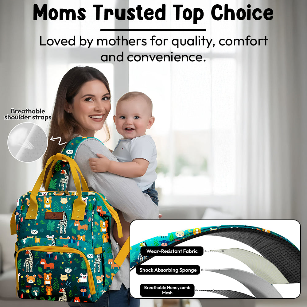 StarAndDaisy Nappy Nest Newborn Baby Diaper Backpack with 15 Pockets, 3 Insulated Bottle Pockets & Stroller Straps – Jungle Print