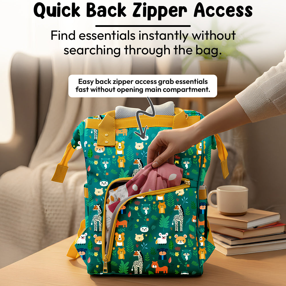 StarAndDaisy Nappy Nest Newborn Baby Diaper Backpack with 15 Pockets, 3 Insulated Bottle Pockets & Stroller Straps – Jungle Print