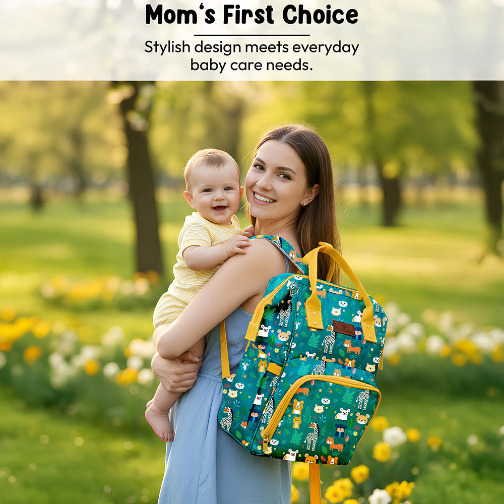 StarAndDaisy Nappy Nest Newborn Baby Diaper Backpack with 15 Pockets, 3 Insulated Bottle Pockets & Stroller Straps – Jungle Print