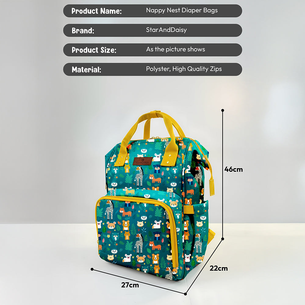 StarAndDaisy Nappy Nest Newborn Baby Diaper Backpack with 15 Pockets, 3 Insulated Bottle Pockets & Stroller Straps – Jungle Print