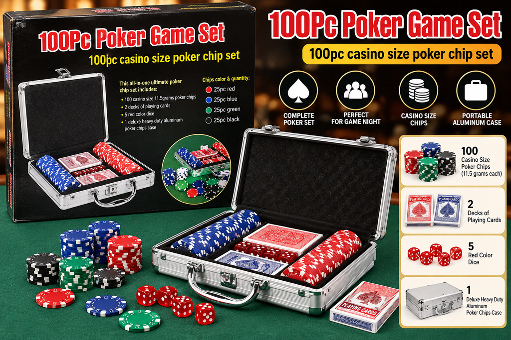 100 Pcs Poker Game Set with Aluminium Carry Case | Casino Size 11.5g Poker Chips, Playing Cards & Dice