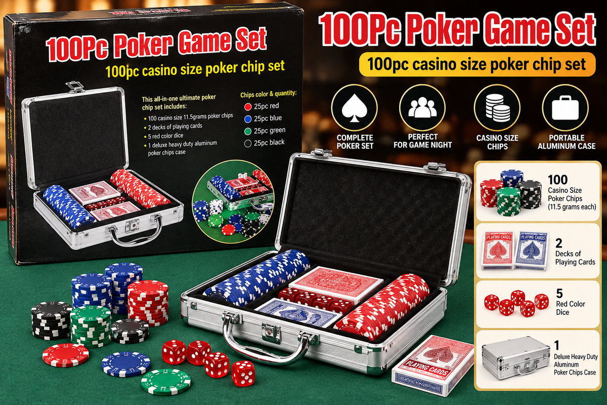 100 Pcs Poker Game Set with Aluminium Carry Case | Casino Size 11.5g Poker Chips, Playing Cards & Dice