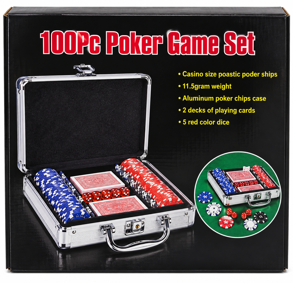 100 Pcs Poker Game Set with Aluminium Carry Case | Casino Size 11.5g Poker Chips, Playing Cards & Dice