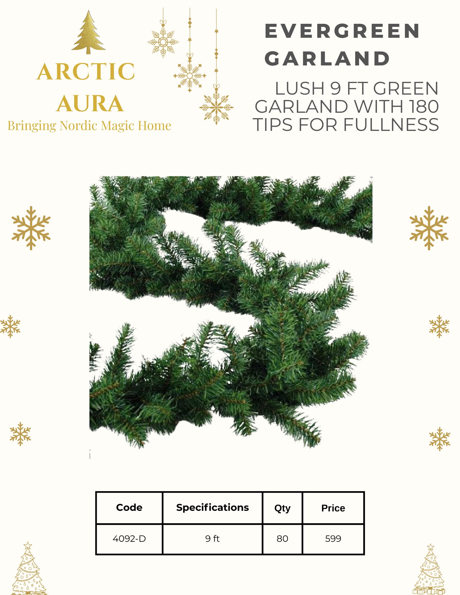 Christmas EVERGREEN Garland Lush 9 Ft Green Garland With 180 Tips For Fullness (4092-D)