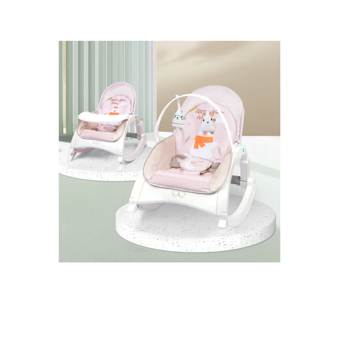 R For Rabbit 3 in 1 Rock N Play Rocker - Adjustable Backrest Recline, Detachable Toy Bar, Soothing Music & Vibration, Adjustable Cream Grey