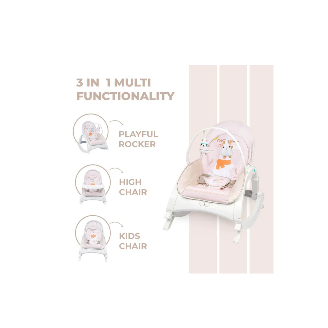 R For Rabbit 3 in 1 Rock N Play Rocker - Adjustable Backrest Recline, Detachable Toy Bar, Soothing Music & Vibration, Adjustable Cream Grey