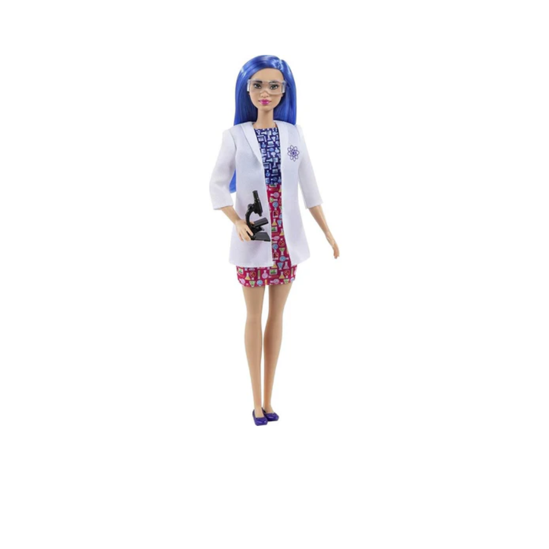 Mattel Barbie Scientist Doll (12 inches), Blue Hair, Color Block Dress, Lab Coat & Flats, Microscope Accessory