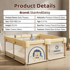 StarAndDaisy Baby Playpen 150 × 180 cm with Safety Lock & Breathable Mesh – 0–5 Years, Yellow