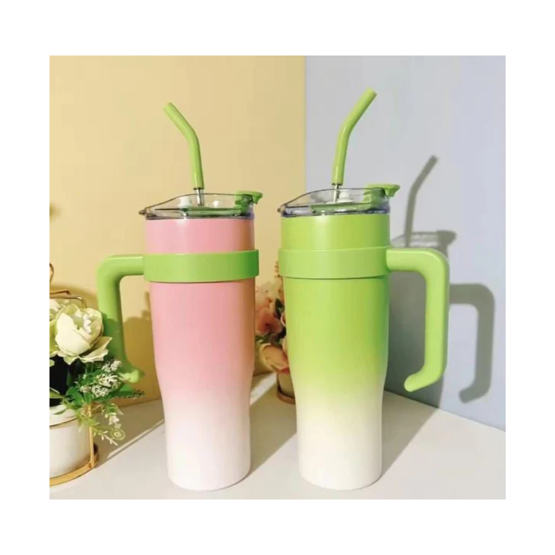 Rainbow Toys Stainless Steel Tumbler Stenley with Handle Straw & Lid Hot and Cold Insulated 1200ml Assorted Color