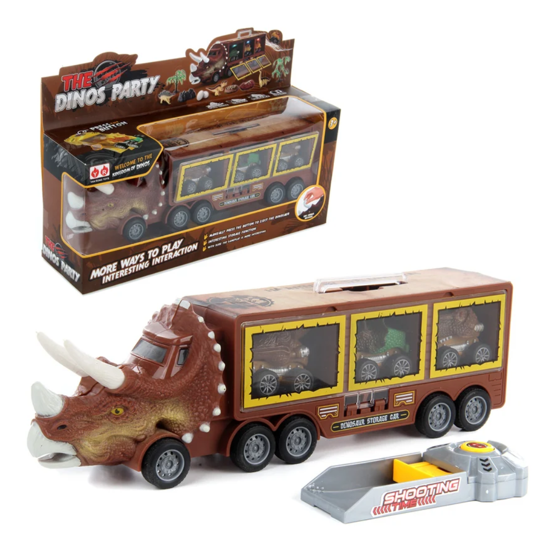 Dinosaur Transport Truck Toy with 3 Cars Dino’s Party Storage & Playset