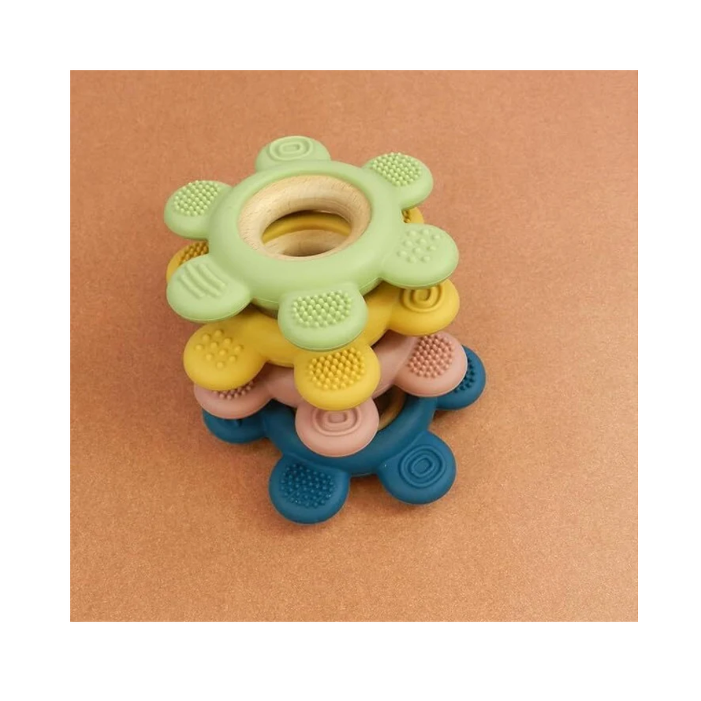 Playblox Flower Teether – 100% Food-Grade Silicone & Natural Beech Wood Soothing Teething Ring for Babies, Non-Toxic Easy-Grip Sensory Toy, 1 Count