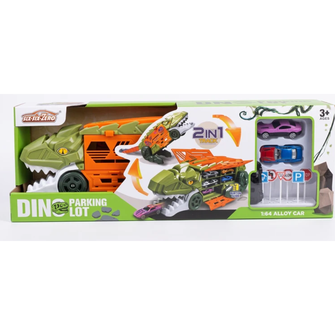 Dino Parking Lot 2-in-1 Transforming Dinosaur Car Carrier Truck Playset with Alloy Cars