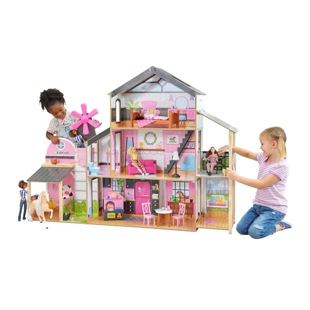 KidKraft Windmill Elevator 2-in-1 Wooden Barn & Dollhouse with Horse and Lights & Sounds, Over 3 Feet Tall
