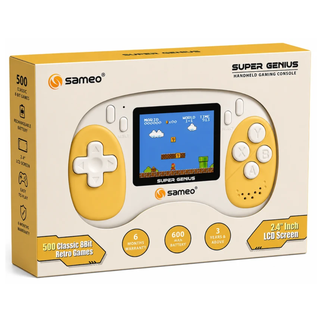 Sameo Super Genius Handheld Gaming Console with 500 Classic 8-Bit Games, 2.4" LCD Screen & 600mAh Battery Yellow
