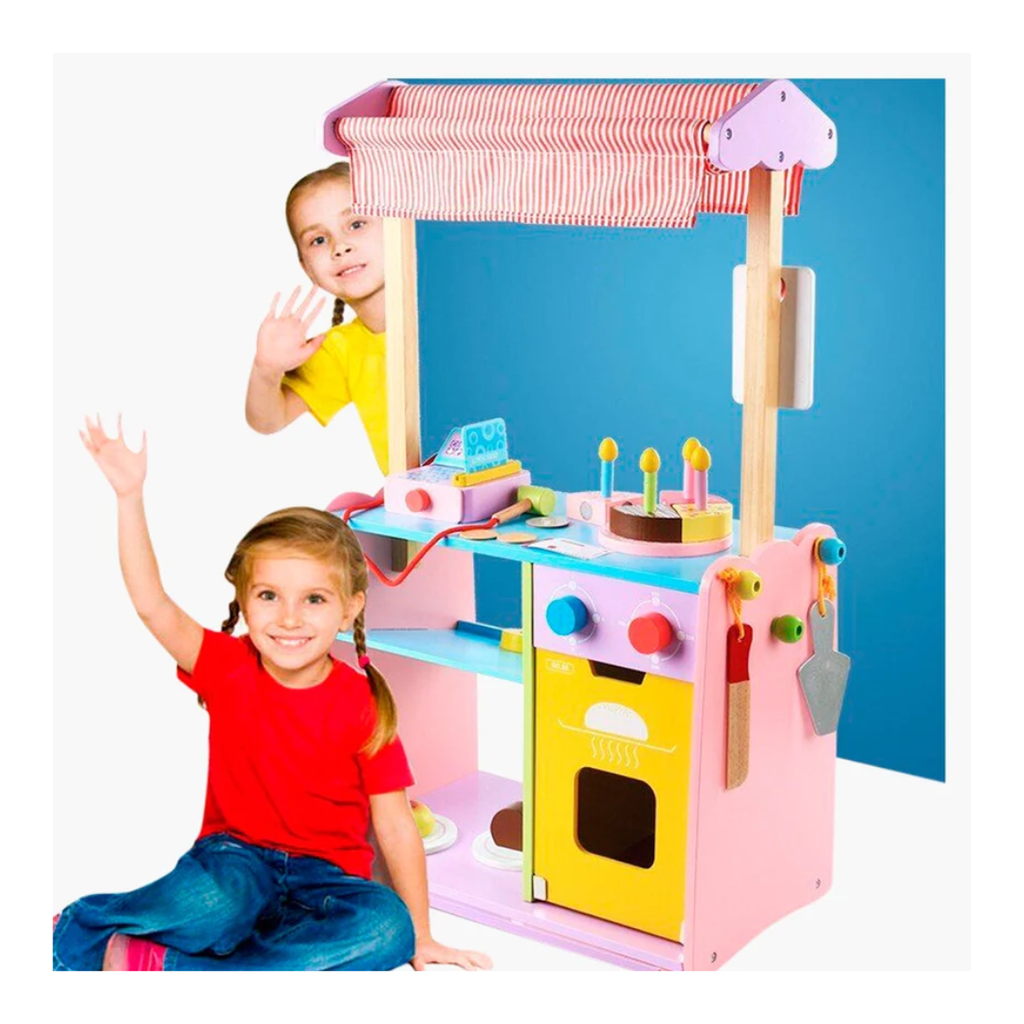 Wooden Bakery Shop Play Set with Cash Counter & Pretend Food Accessories